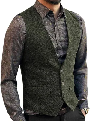 Men's Herringbone Tweed Wool Suit Vest Single Breasted Slim Fit Waistcoat Vest