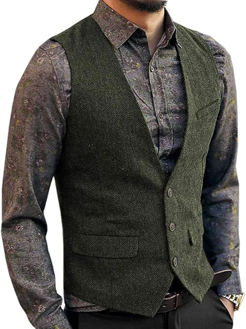 Men's Herringbone Tweed Wool Suit Vest Single Breasted Slim Fit Waistcoat Vest