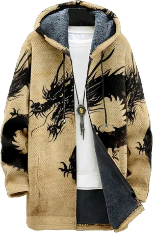 Mens Hooded Cardigan Sweater Japanese Art Zip Up Vintage Long Sleeve Casual Hoodie Dragon Print Coat with Pockets