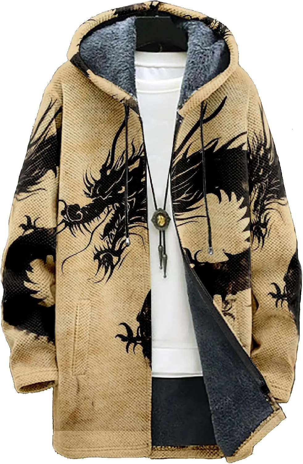 Mens Hooded Cardigan Sweater Japanese Art Zip Up Vintage Long Sleeve Casual Hoodie Dragon Print Coat with Pockets