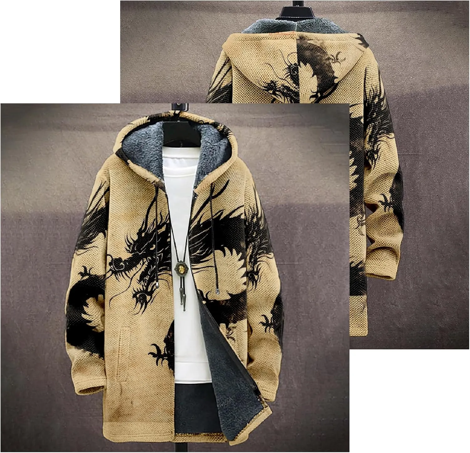 Mens Hooded Cardigan Sweater Japanese Art Zip Up Vintage Long Sleeve Casual Hoodie Dragon Print Coat with Pockets