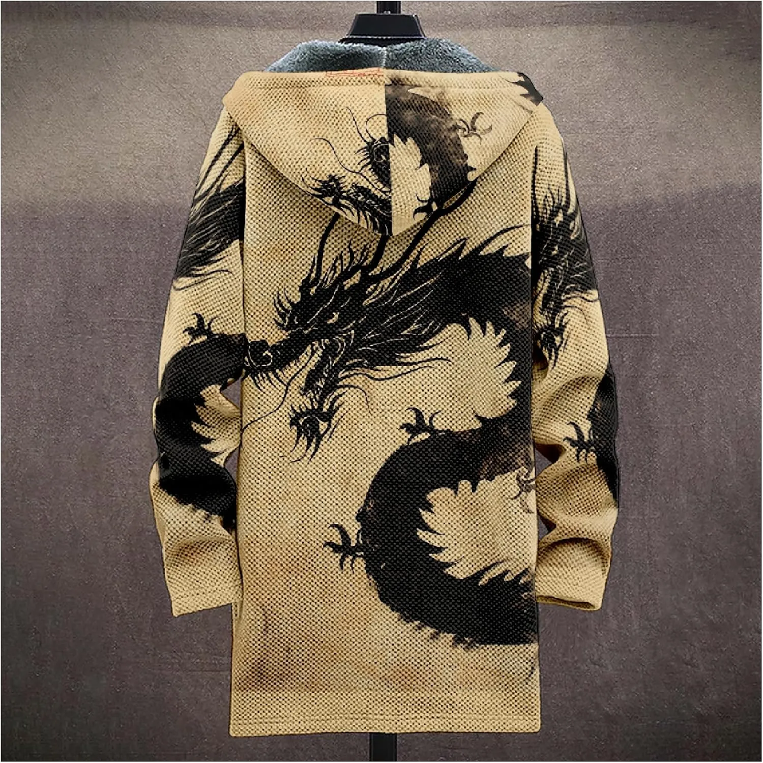 Mens Hooded Cardigan Sweater Japanese Art Zip Up Vintage Long Sleeve Casual Hoodie Dragon Print Coat with Pockets