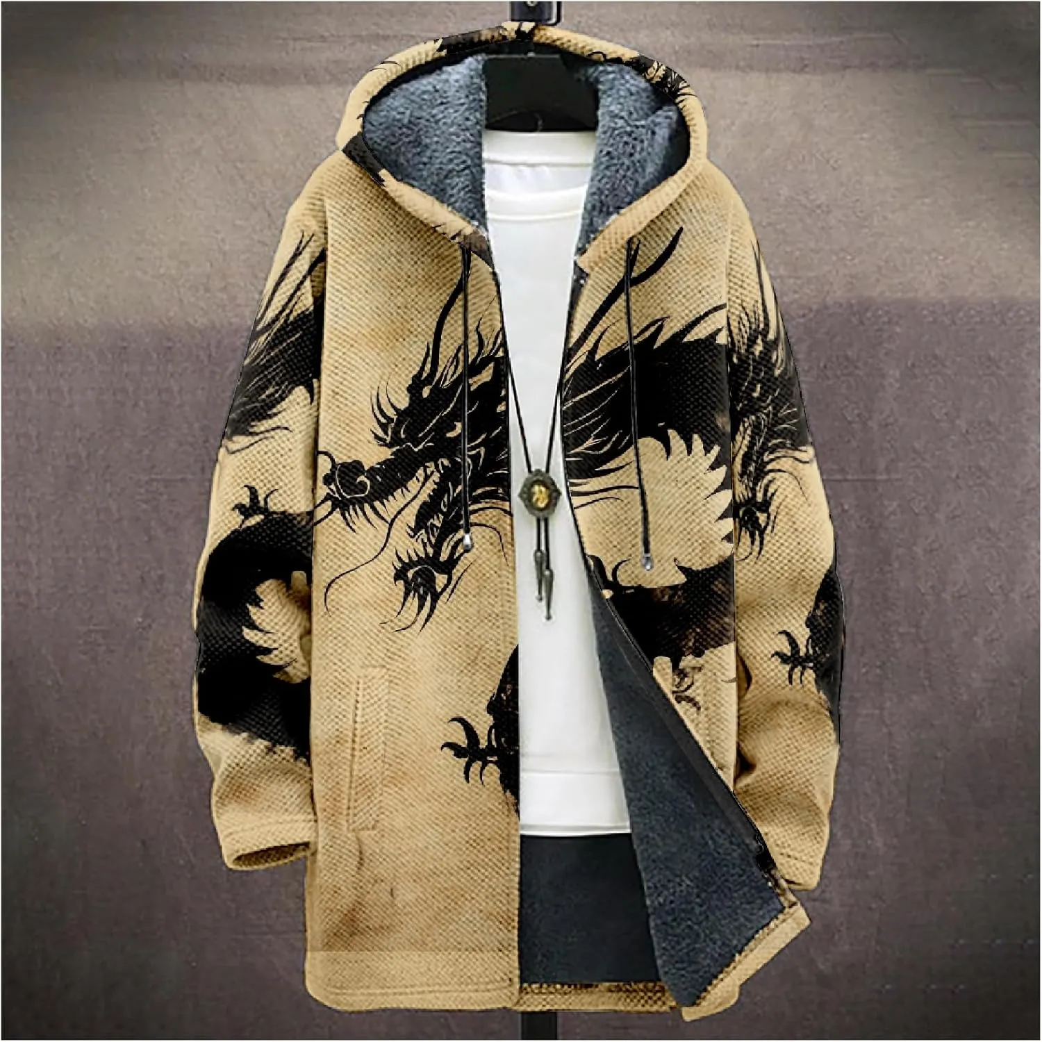 Mens Hooded Cardigan Sweater Japanese Art Zip Up Vintage Long Sleeve Casual Hoodie Dragon Print Coat with Pockets