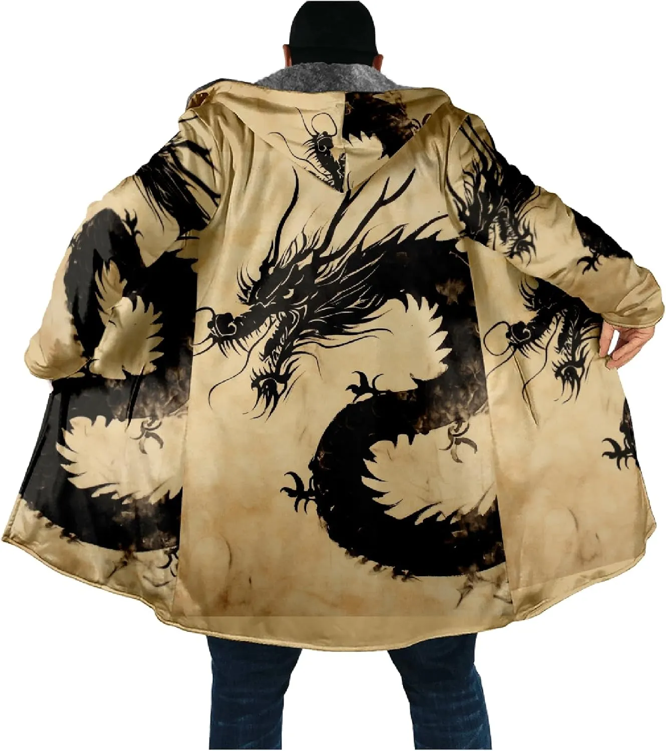Mens Hooded Cardigan Sweater Japanese Art Zip Up Vintage Long Sleeve Casual Hoodie Dragon Print Coat with Pockets