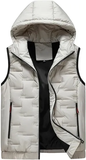 Mens Hooded Coats Sleeveless Jacket Warm Thick Cotton-Padded Work Waistcoat Gilet Down Vest Beige XL