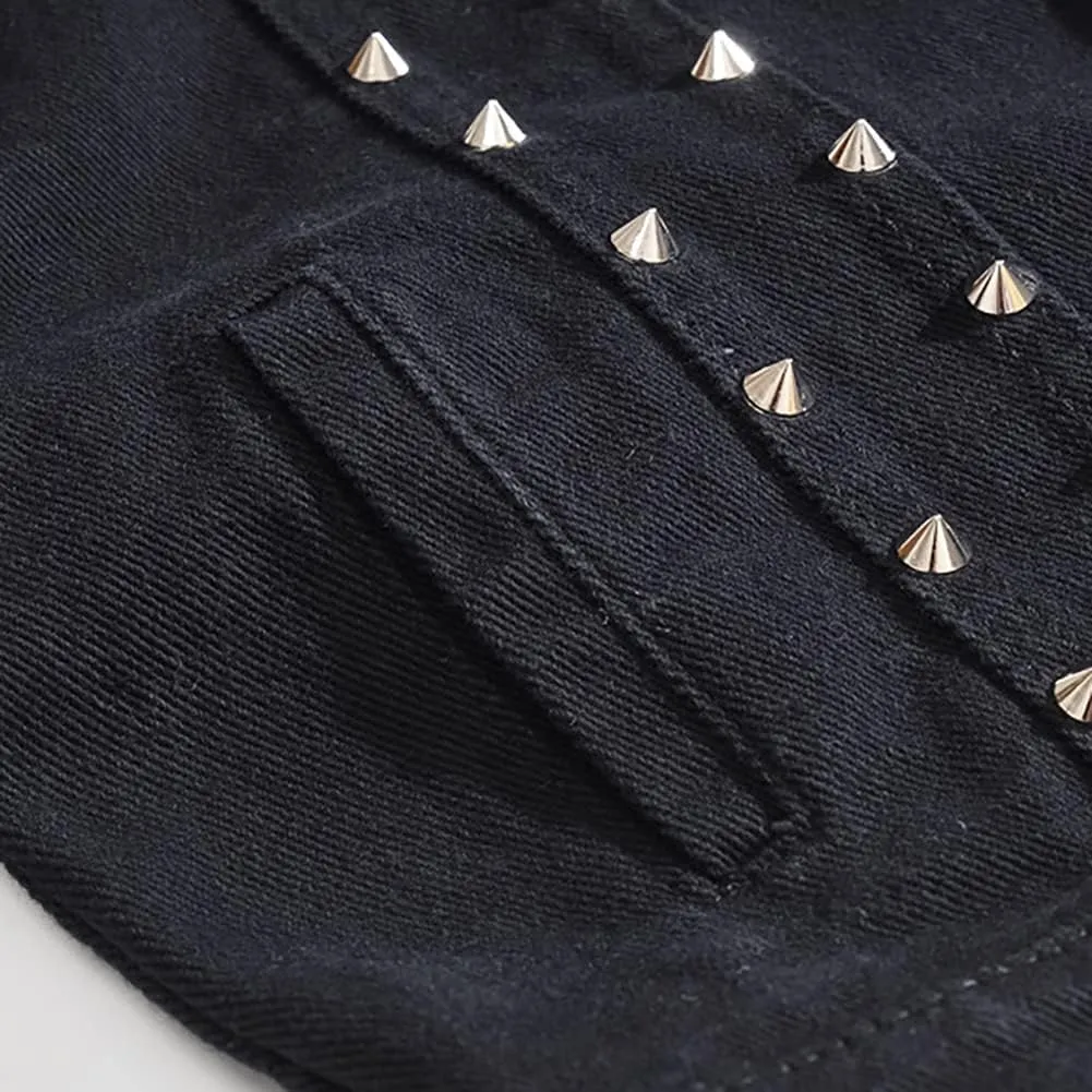 Men's Jean Vest Punk Style Slim Fit Sleeveless Lapel Button Down Fashion Casual Denim Vest Jacket with Rivets