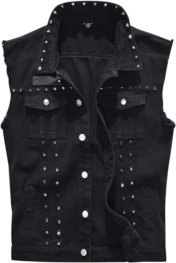 Men's Jean Vest Punk Style Slim Fit Sleeveless Lapel Button Down Fashion Casual Denim Vest Jacket with Rivets