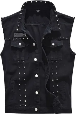 Men's Jean Vest Punk Style Slim Fit Sleeveless Lapel Button Down Fashion Casual Denim Vest Jacket with Rivets