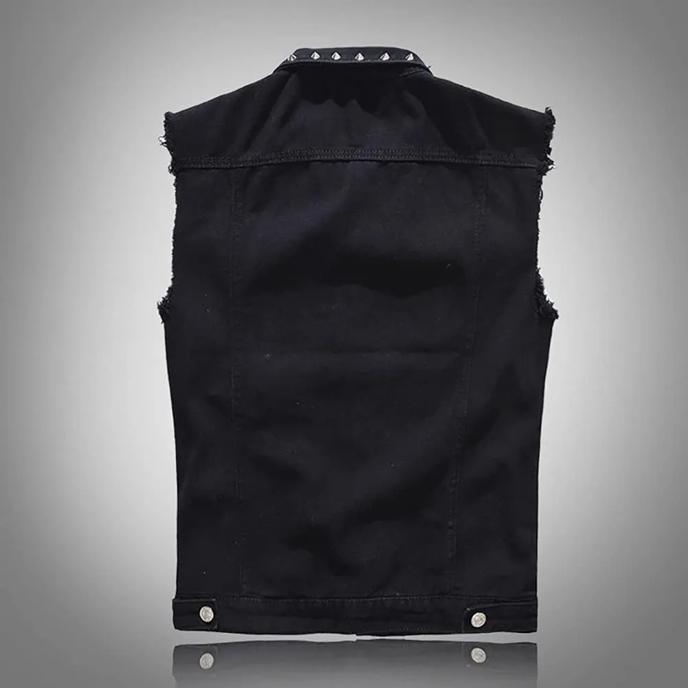 Men's Jean Vest Punk Style Slim Fit Sleeveless Lapel Button Down Fashion Casual Denim Vest Jacket with Rivets