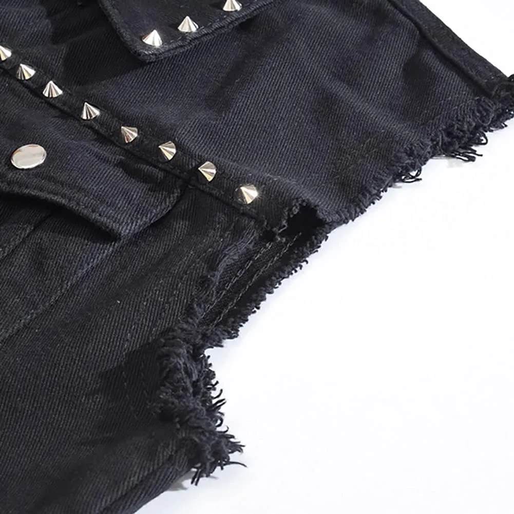 Men's Jean Vest Punk Style Slim Fit Sleeveless Lapel Button Down Fashion Casual Denim Vest Jacket with Rivets