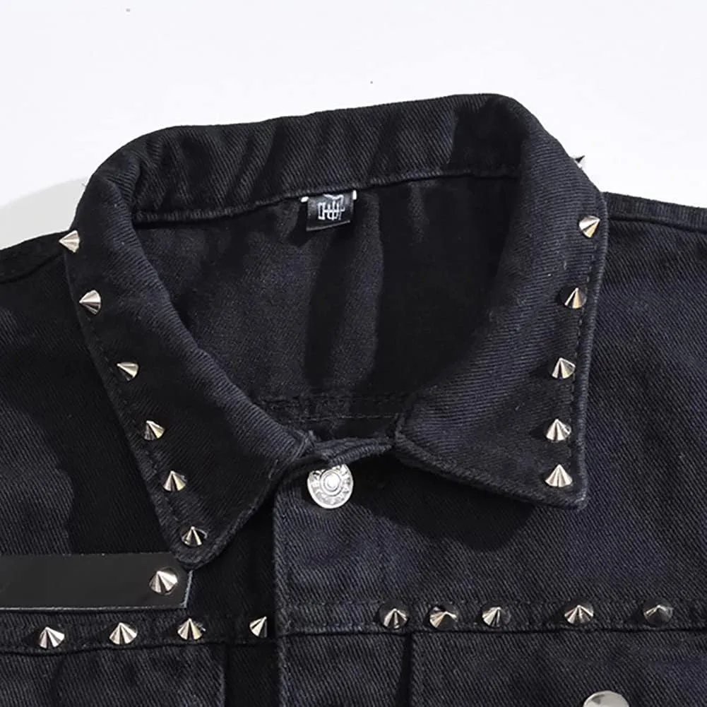 Men's Jean Vest Punk Style Slim Fit Sleeveless Lapel Button Down Fashion Casual Denim Vest Jacket with Rivets