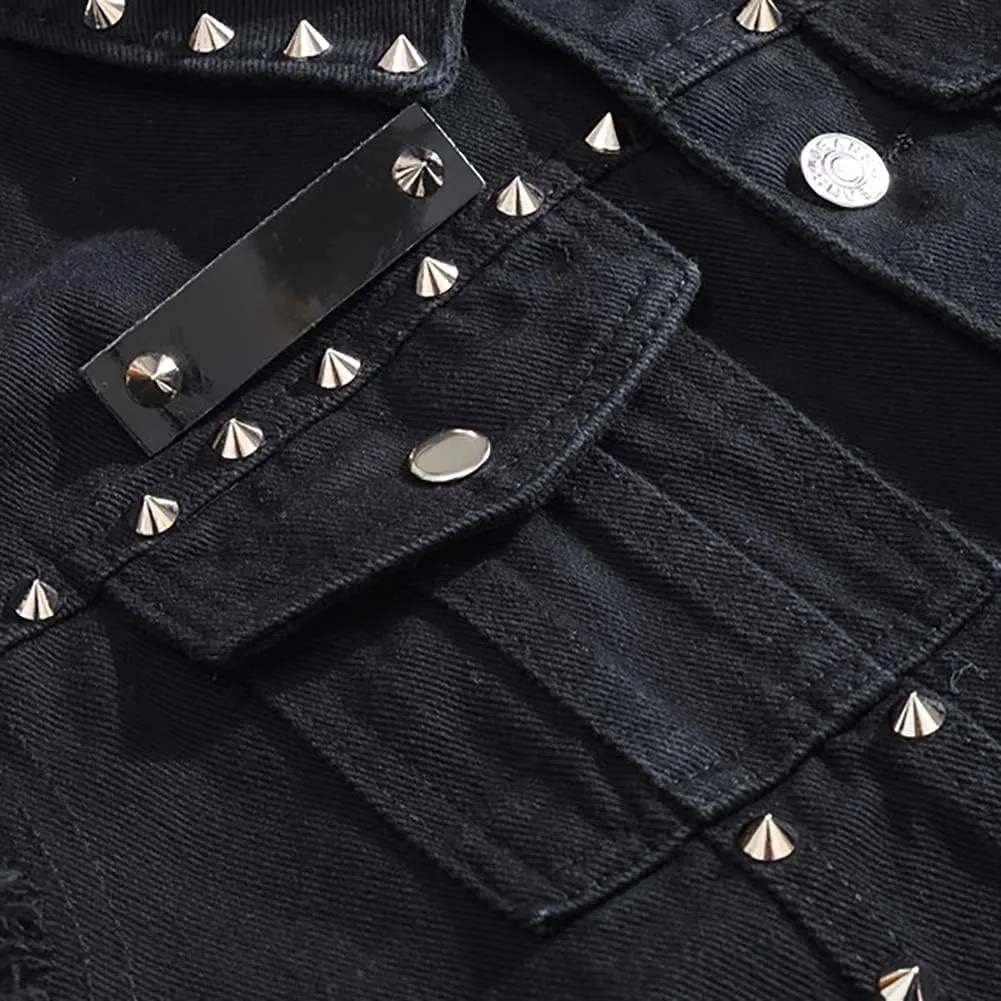 Men's Jean Vest Punk Style Slim Fit Sleeveless Lapel Button Down Fashion Casual Denim Vest Jacket with Rivets