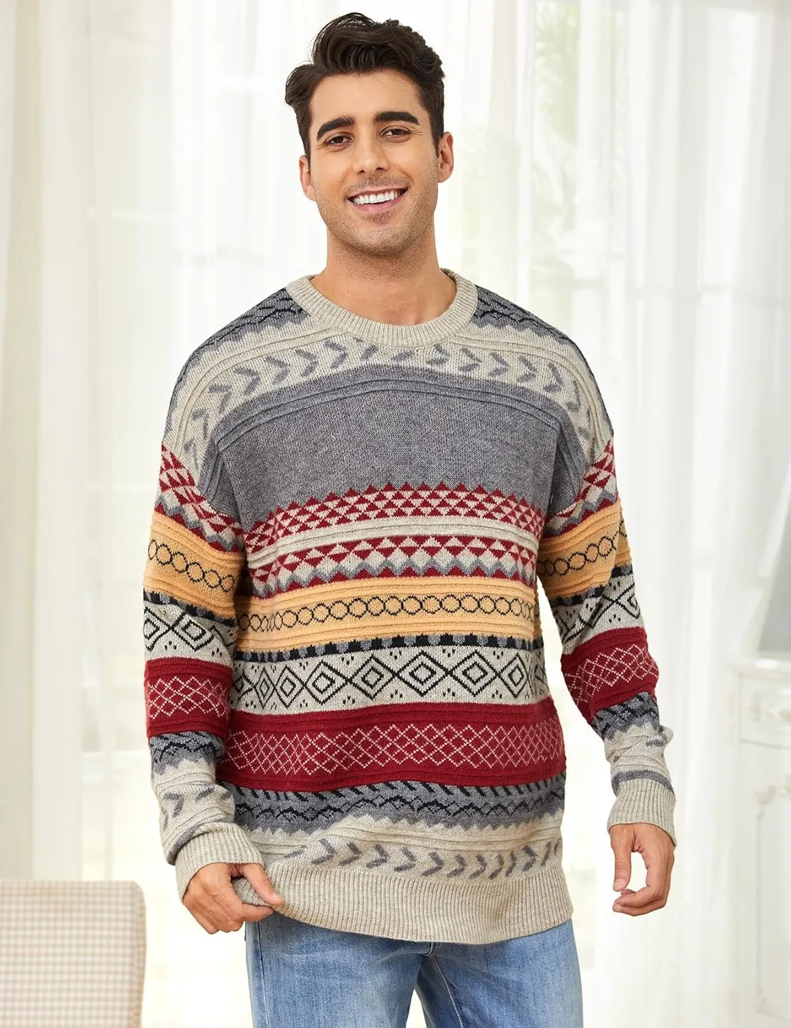 Mens Knit Sweater Grandpa Vintage Knitted Sweaters Oversized Striped Spring Pullover Casual Long Sleeve Pullovers