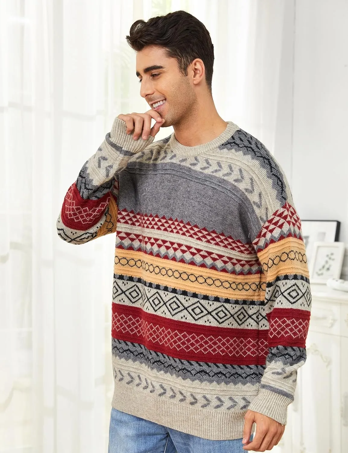 Mens Knit Sweater Grandpa Vintage Knitted Sweaters Oversized Striped Spring Pullover Casual Long Sleeve Pullovers
