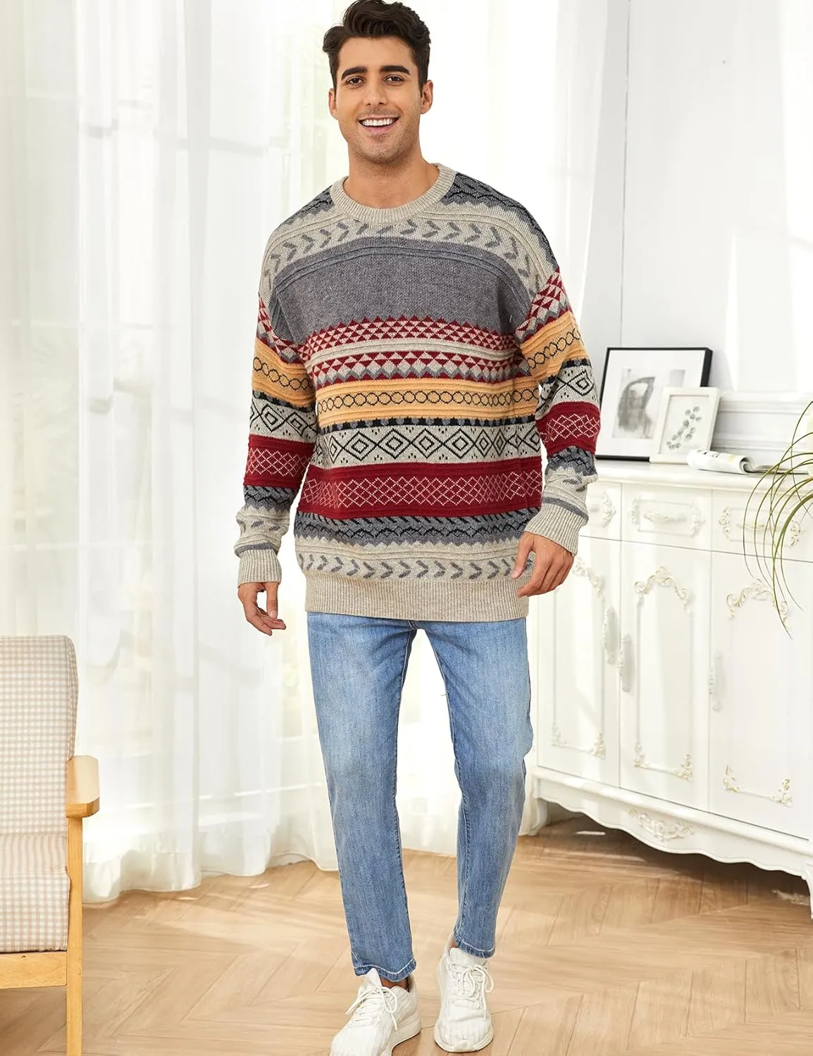 Mens Knit Sweater Grandpa Vintage Knitted Sweaters Oversized Striped Spring Pullover Casual Long Sleeve Pullovers