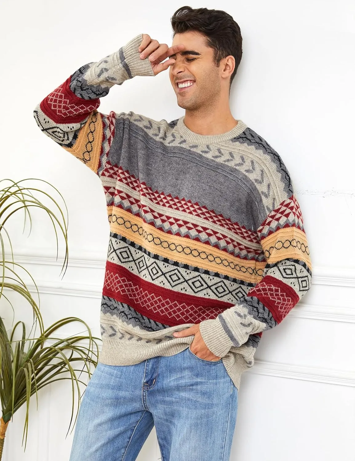 Mens Knit Sweater Grandpa Vintage Knitted Sweaters Oversized Striped Spring Pullover Casual Long Sleeve Pullovers