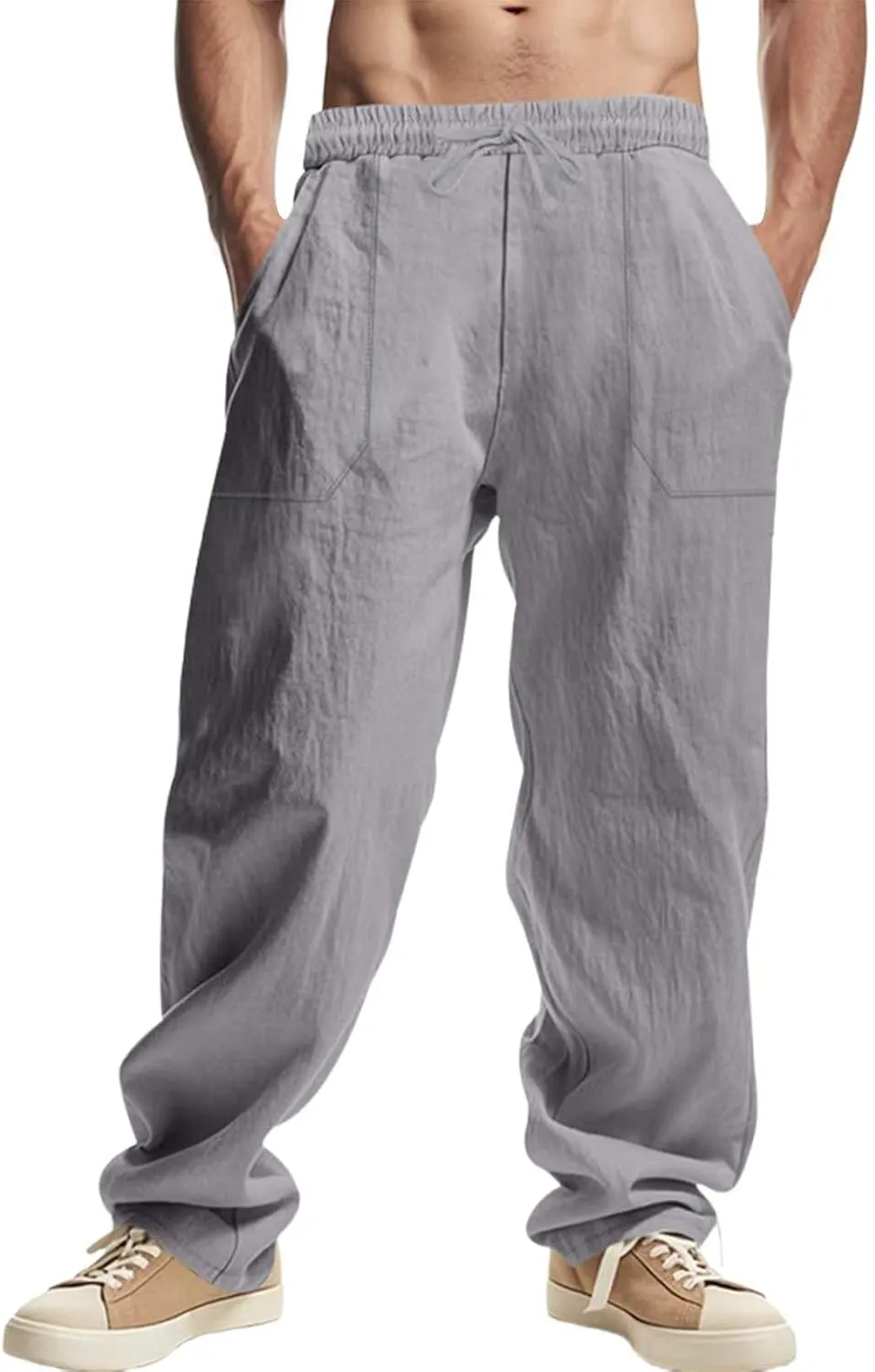 Mens Linen Pants Loose Fit Drawstring Summer Lightweight Straight-Leg Beach Pant Soft Fashion Big and Tall Outfits