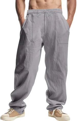 Mens Linen Pants Loose Fit Drawstring Summer Lightweight Straight-Leg Beach Pant Soft Fashion Big and Tall Outfits