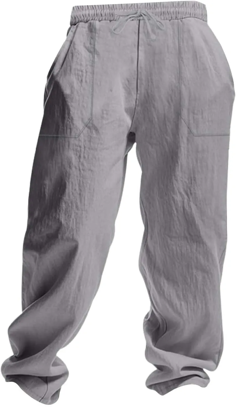 Mens Linen Pants Loose Fit Drawstring Summer Lightweight Straight-Leg Beach Pant Soft Fashion Big and Tall Outfits