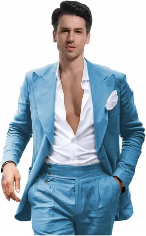 Mens Linen Suit for Beach Wedding Double Breasted Prom Tuxedos 2 Piece Peak Lapel Blazer Pants for Summer