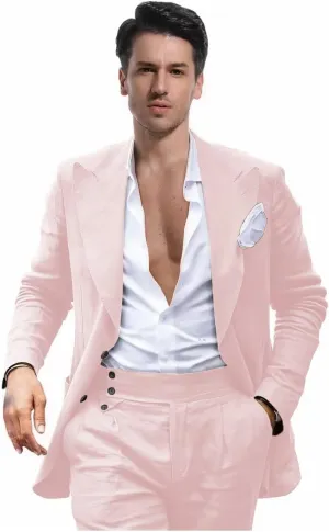 Mens Linen Suit for Beach Wedding Double Breasted Prom Tuxedos 2 Piece Peak Lapel Blazer Pants for Summer
