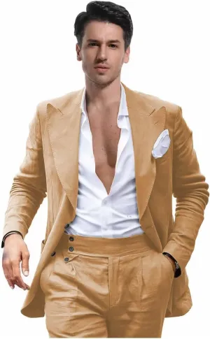 Mens Linen Suit for Beach Wedding Double Breasted Prom Tuxedos 2 Piece Peak Lapel Blazer Pants for Summer