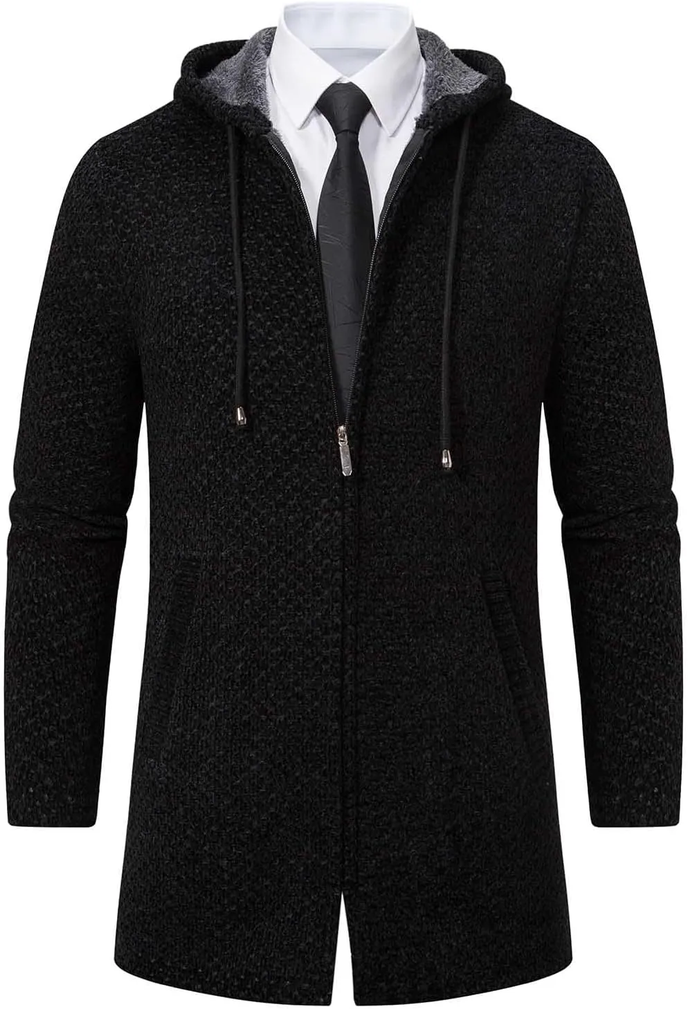 Mens Long Cardigan Hoodies Full Zip Fleece Lined Sweaters Fashion Knitted Men Regular Fit Sweater Hooded Coat