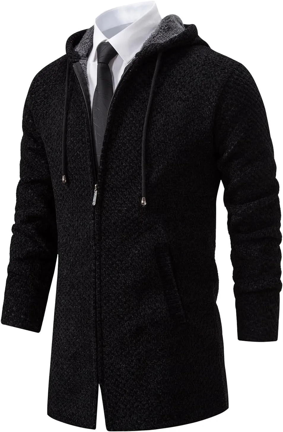 Mens Long Cardigan Hoodies Full Zip Fleece Lined Sweaters Fashion Knitted Men Regular Fit Sweater Hooded Coat