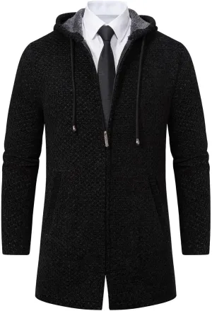 Mens Long Cardigan Hoodies Full Zip Fleece Lined Sweaters Fashion Knitted Men Regular Fit Sweater Hooded Coat