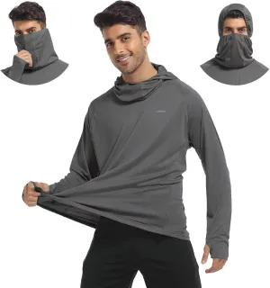 Mens Long Sleeve Sun Shirt with Hood Mask UPF SPF UV Protection for Hiking Fishing Kayaking Summer Outdoor Activities