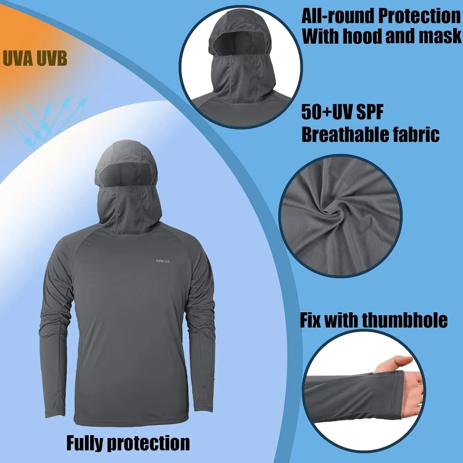 Mens Long Sleeve Sun Shirt with Hood Mask UPF SPF UV Protection for Hiking Fishing Kayaking Summer Outdoor Activities