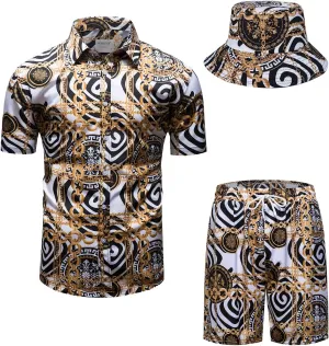 Mens Luxury Outfit Set Black Gold Shirts And Shorts 2 Piece Tracksuit Set Baroque Button Down Suit with Bucket Hats
