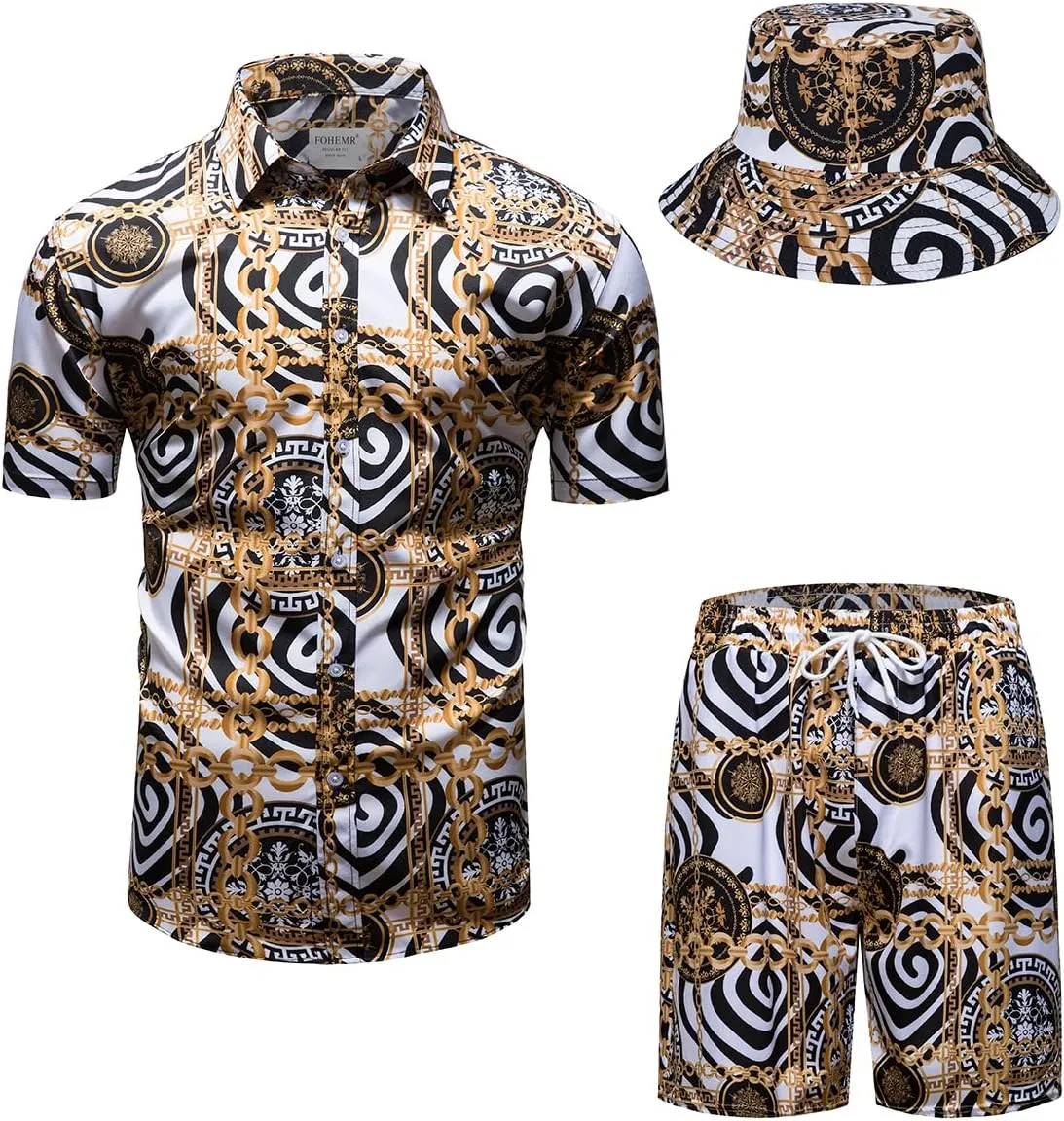 Mens Luxury Outfit Set Black Gold Shirts And Shorts 2 Piece Tracksuit Set Baroque Button Down Suit with Bucket Hats