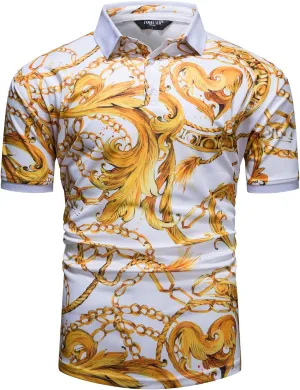 Mens Luxury Polo Shirts Black Gold Short Sleeve Baroque Chain Print Casual Wicking Golf Flower T-Shirt