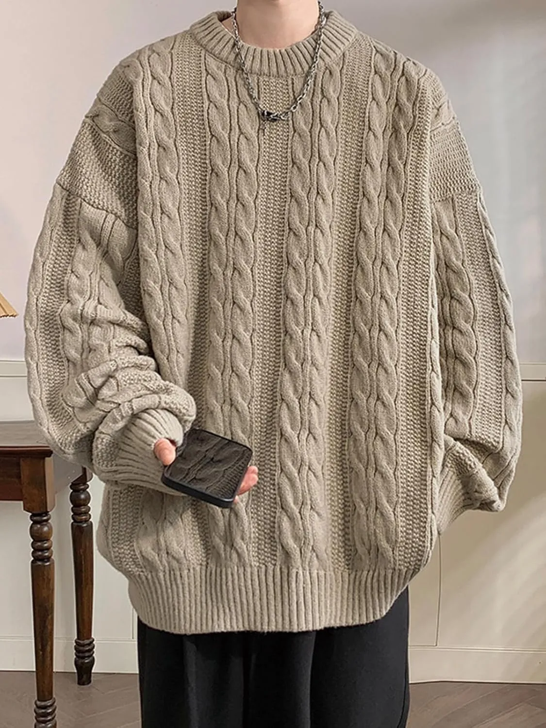 Mens Oversized Sweater Unisex Long Sleeve Cable Knit Sweaters Aesthetic Streetwear Casual Sweater Jumper Tops