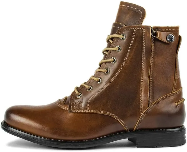 Men's Oxford boots Lace-Up Side Zipper Round Toe Low Heel Leather Boots Military Uniform Cavalry Boots Hiking Boots