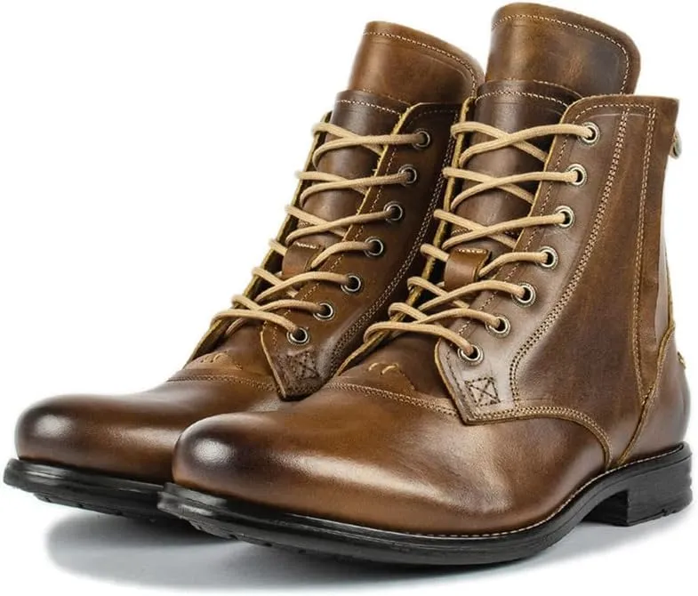 Men's Oxford boots Lace-Up Side Zipper Round Toe Low Heel Leather Boots Military Uniform Cavalry Boots Hiking Boots