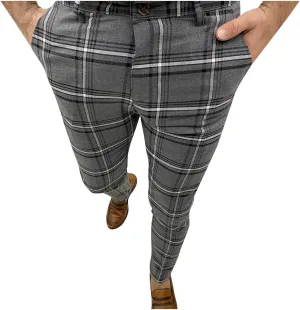 Mens Plaid Pants Skinny Dress Pants Stretch Slim Fit Business Casual Dress Chinos Pants for Men