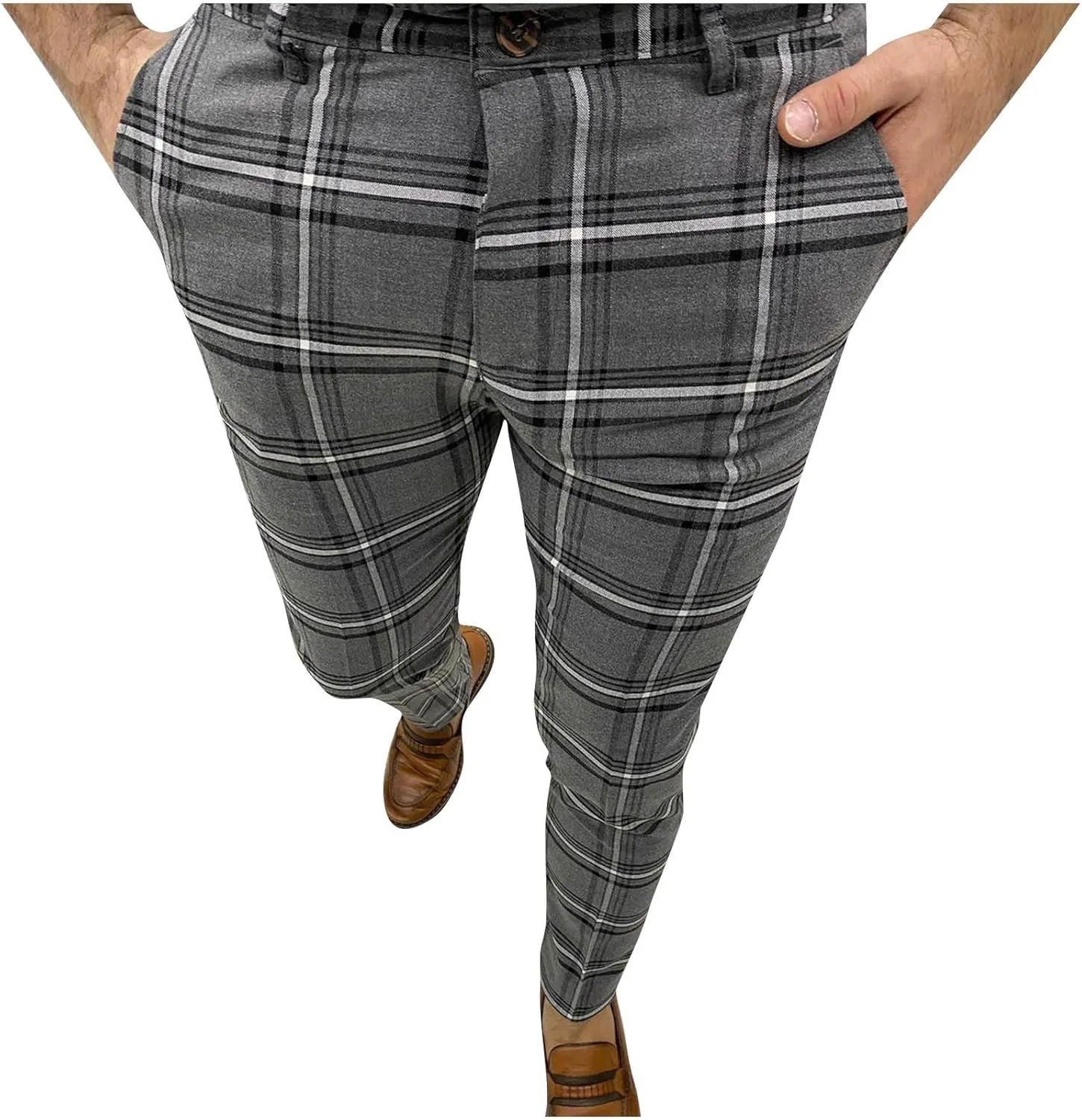 Mens Plaid Pants Skinny Dress Pants Stretch Slim Fit Business Casual Dress Chinos Pants for Men