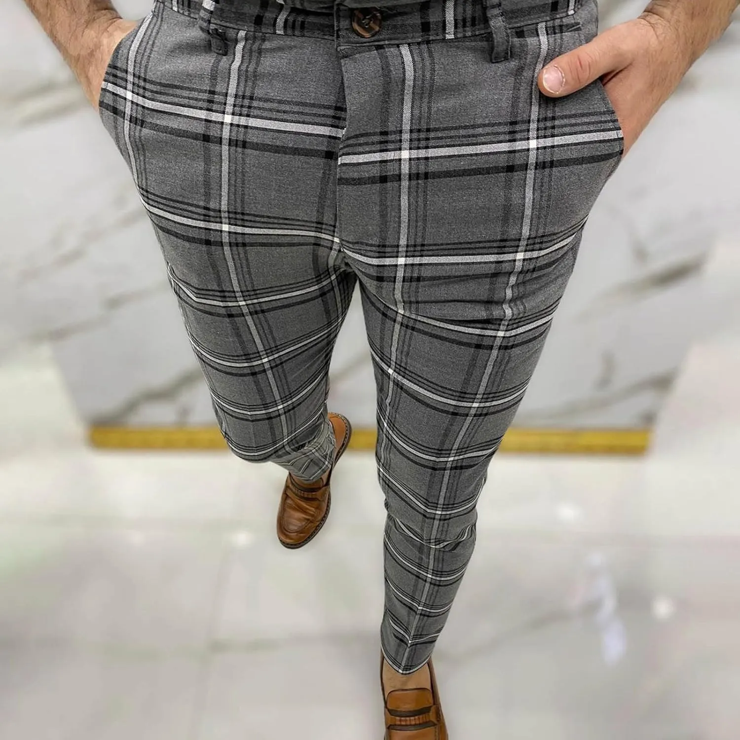 Mens Plaid Pants Skinny Dress Pants Stretch Slim Fit Business Casual Dress Chinos Pants for Men