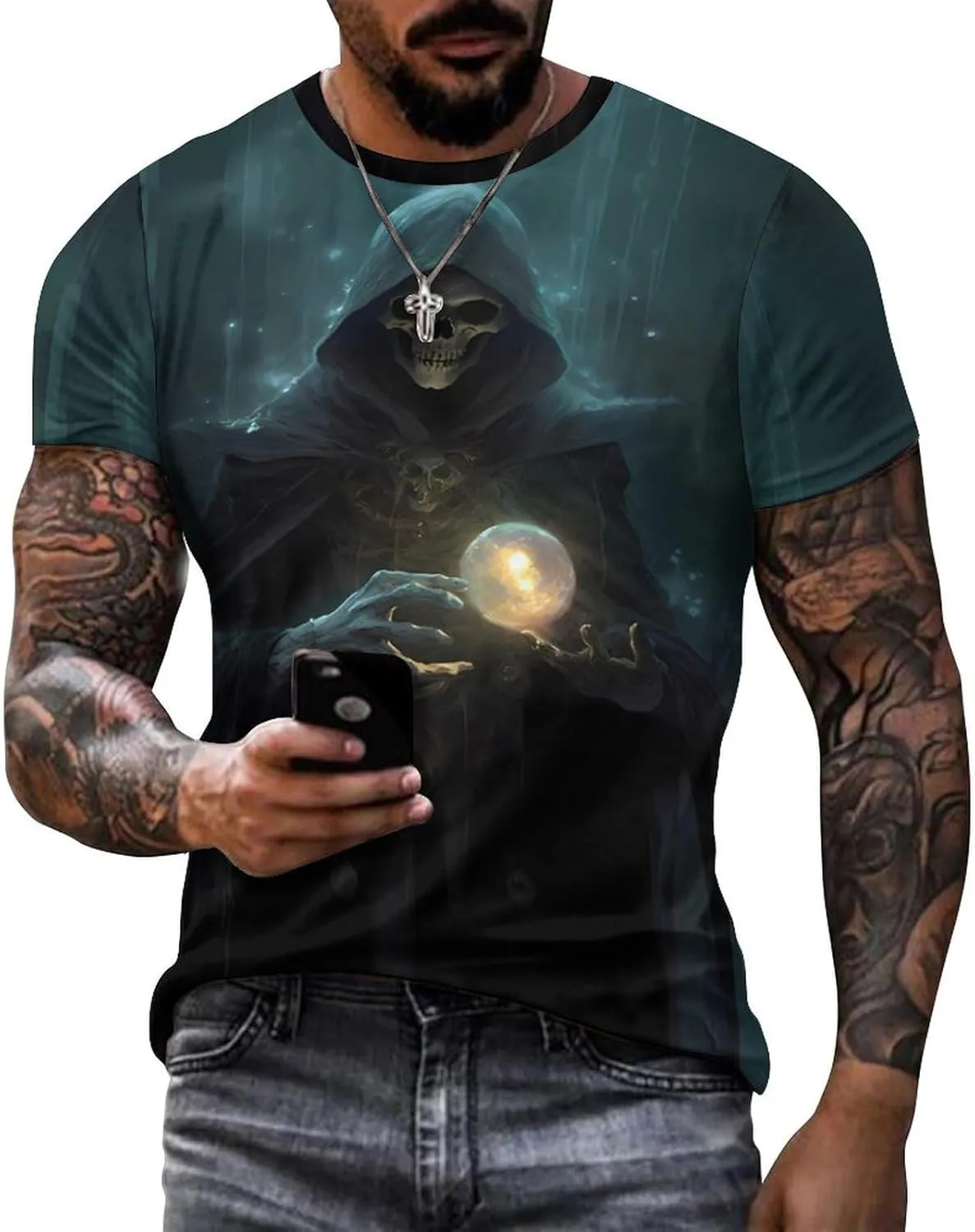 Mens Skull T-Shirts Slim Fit Qucik Dry Short Sleeve 3D Skull Graphic Print Summer Streetwear Tees