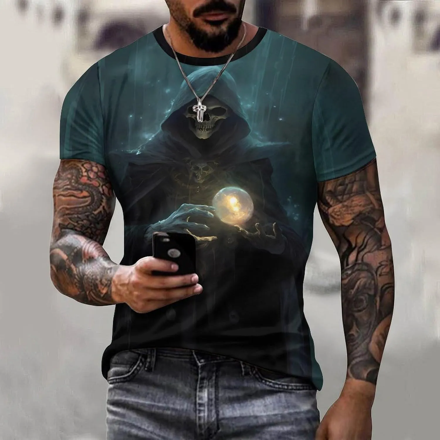 Mens Skull T-Shirts Slim Fit Qucik Dry Short Sleeve 3D Skull Graphic Print Summer Streetwear Tees