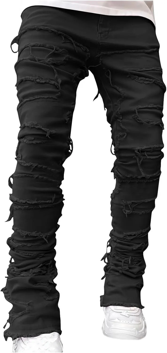 Mens Stacked Slim Fit Ripped Pants Skinny Stretch Distressed Straight Destroyed Fashion Streetwear Hip Hop Trousers