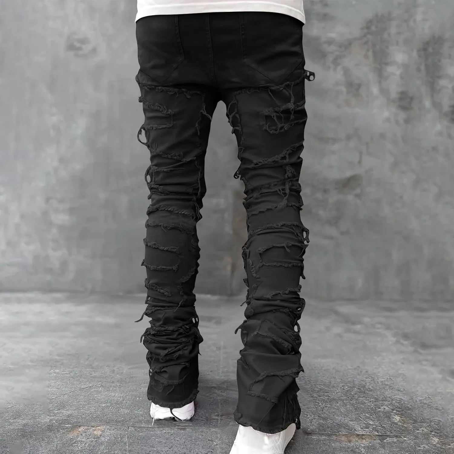 Mens Stacked Slim Fit Ripped Pants Skinny Stretch Distressed Straight Destroyed Fashion Streetwear Hip Hop Trousers