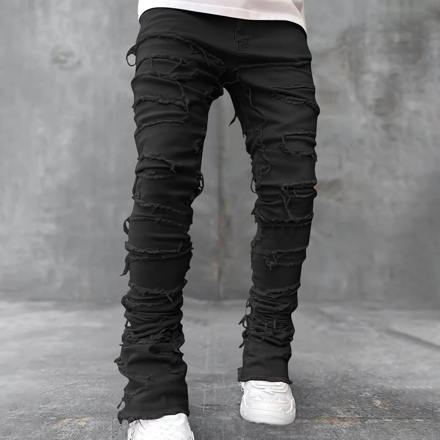 Mens Stacked Slim Fit Ripped Pants Skinny Stretch Distressed Straight Destroyed Fashion Streetwear Hip Hop Trousers