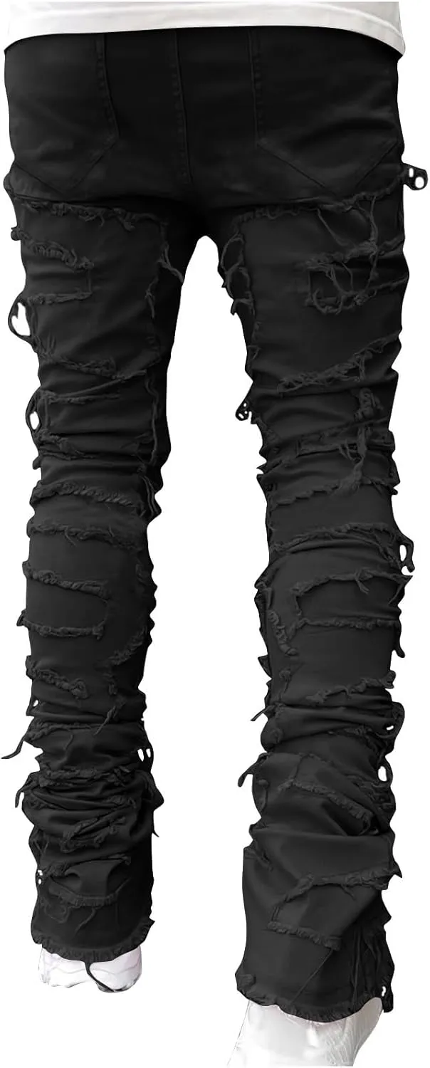 Mens Stacked Slim Fit Ripped Pants Skinny Stretch Distressed Straight Destroyed Fashion Streetwear Hip Hop Trousers