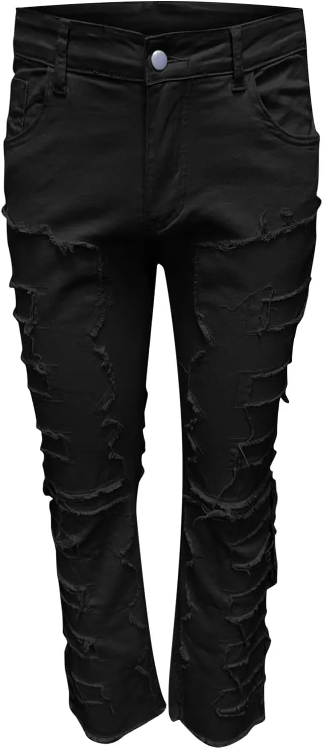 Mens Stacked Slim Fit Ripped Pants Skinny Stretch Distressed Straight Destroyed Fashion Streetwear Hip Hop Trousers
