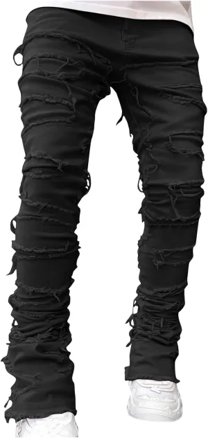 Mens Stacked Slim Fit Ripped Pants Skinny Stretch Distressed Straight Destroyed Fashion Streetwear Hip Hop Trousers