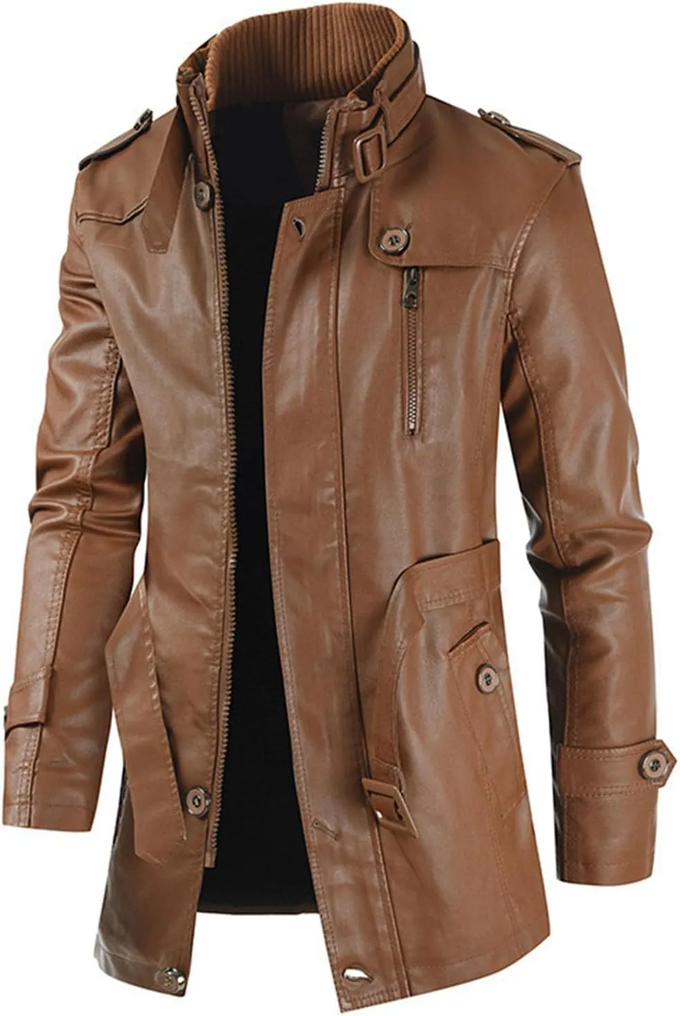 Mens Stand Collar Belt Leather Jacket Mid Length Thicken Winter Biker Coats Vintage Fleece Cargo Bomber Outwear