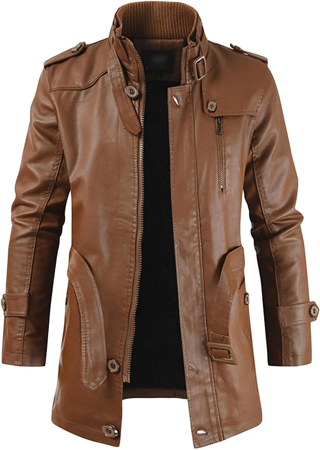 Mens Stand Collar Belt Leather Jacket Mid Length Thicken Winter Biker Coats Vintage Fleece Cargo Bomber Outwear